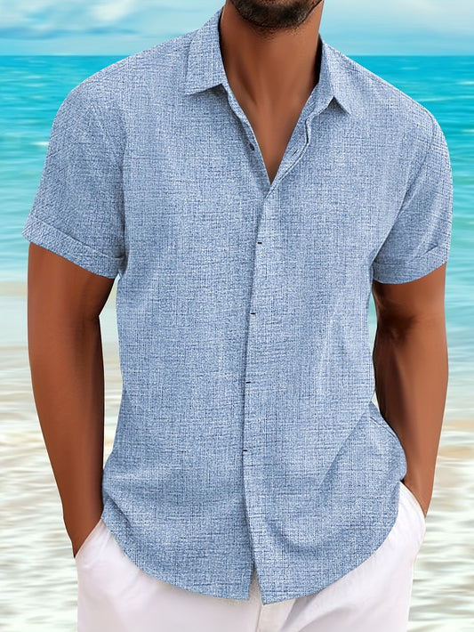 Casual Short-Sleeved Blue Linen Shirt for Men, Featuring an Invisible Button-Up Design, Perfect for Summer Weddings at The Beach.