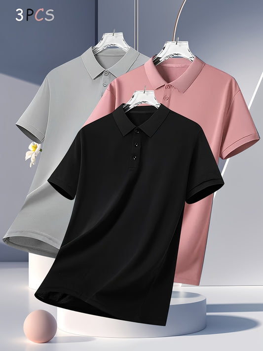 3pcs Men's Summer Shirts - Breathable Short Sleeve Casual & Business Casual Tops with Classic Collar, Loose Fit, Solid Color (Navy\u002FOlive\u002FBlack) - 2025 Trending Styles